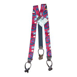 Vintage CAS Suspenders Red Blue Geometric Pattern Leather Accents Retro Grandpa